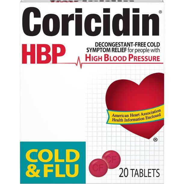 Coricidin HBP, Cold &  Flu Relief Tablets, High Blood Pressure, 20 Count ...