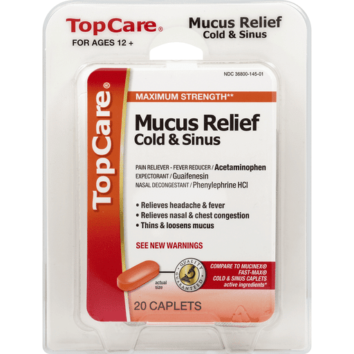 TopCare Mucus Relief, Cold &  Sinus, Maximum Strength, Caplets